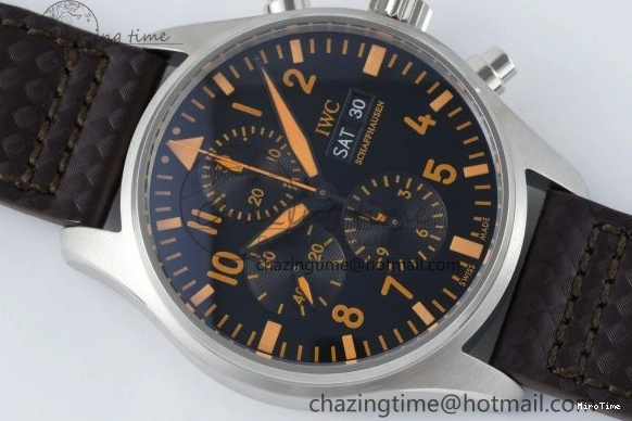 MIROTIME 0126 Pilot Chrono SS AZF 1:1 Best Edition Black Dial Orange Markers on Brown Leather Strap A EasyCare 7065